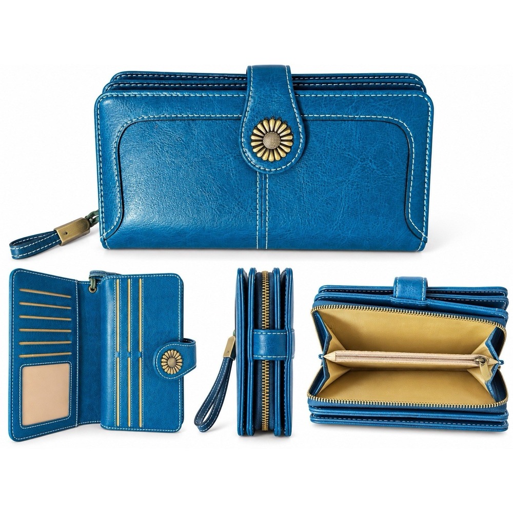 Insifeel Teal Blue Organizer Wallet Flower Snap Zip Around 7.5” x 4.5”